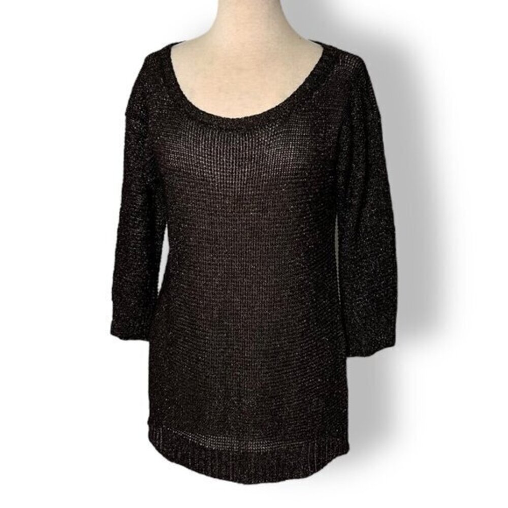 Lauren Vidal Shimmer 3/4 Sleeve Knit Sweater Black Brown Scoop Neck Size S